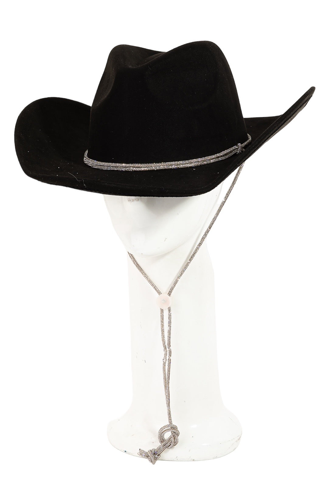 Rhinestone Rope Strap Cowboy Hat Black