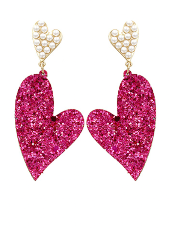 Pearl & Glitter Heart 2 Drop Earrings