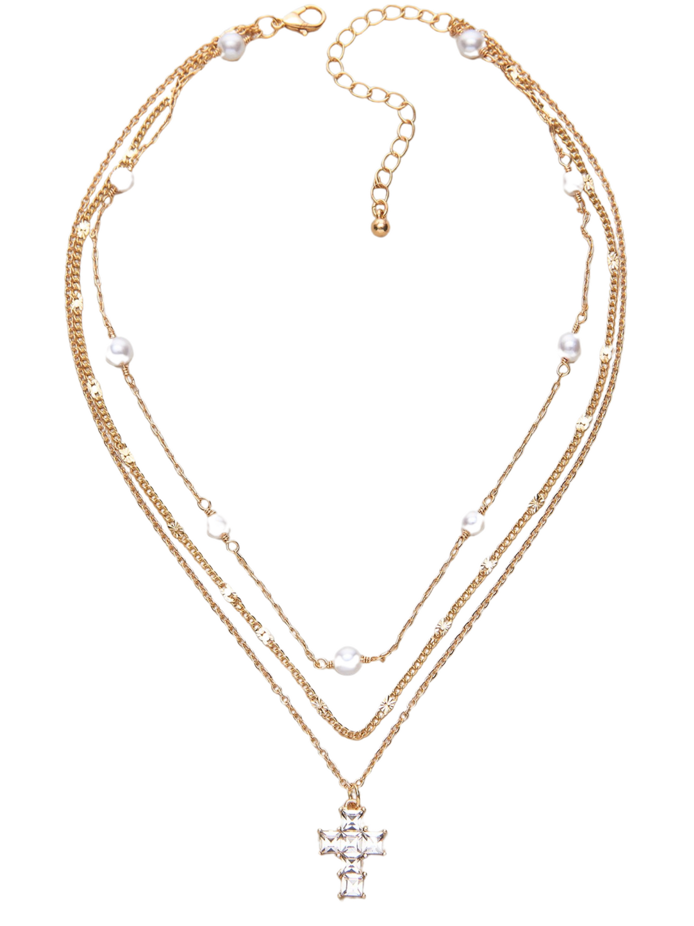 Layered Chain Necklace with Pearls and CZ Cross