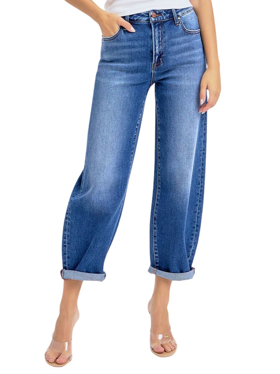 High Rise Crop Mild Barrel Cuffed Jeans
