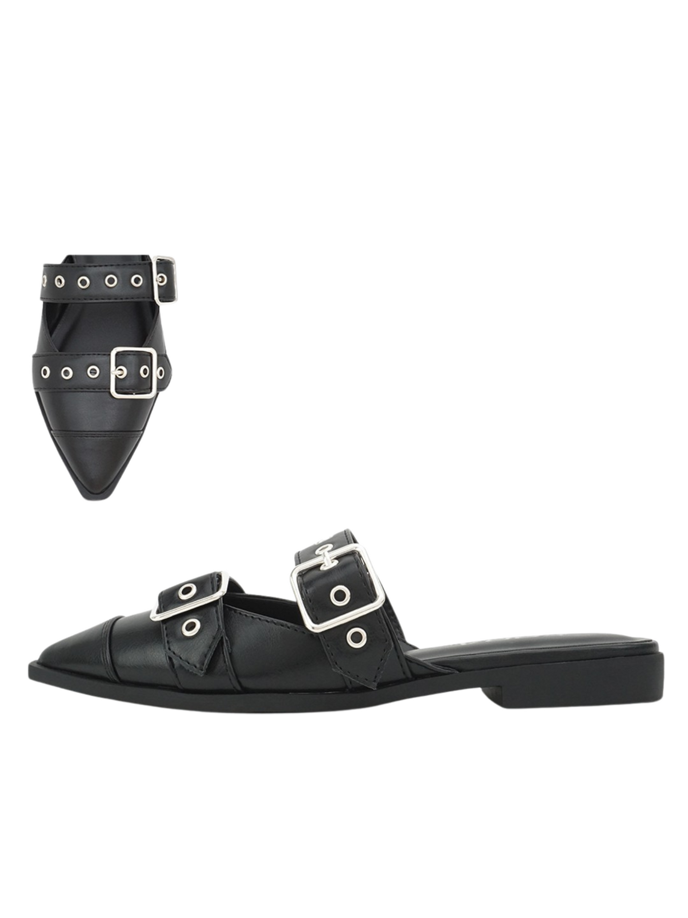 Studded Buckle Strap Pointed Toe Mules