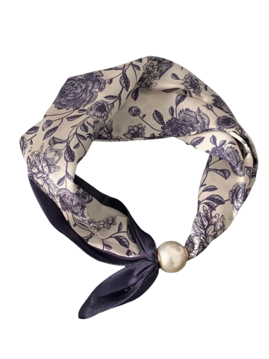 Vintage Print Pearl Magnetic Clasp Scarf