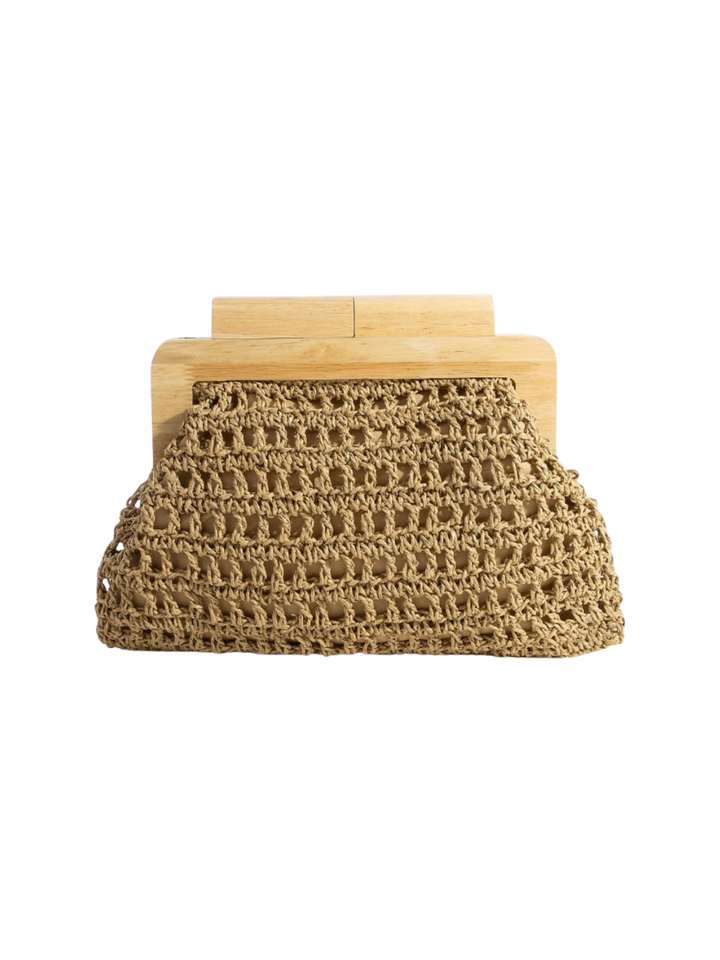 Straw Braided Wooden Top Frame Clutch Bag