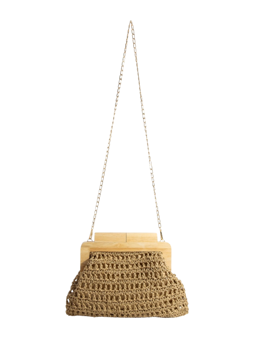 Straw Braided Wooden Top Frame Clutch Bag