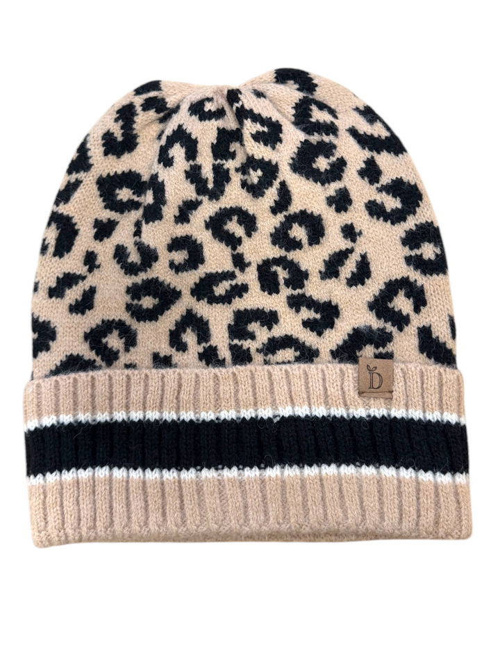 Leopard Beanie with Stripe Cuff