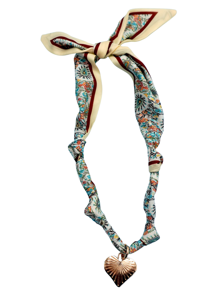 Floral Print with Heart Charm Scarf Necklace