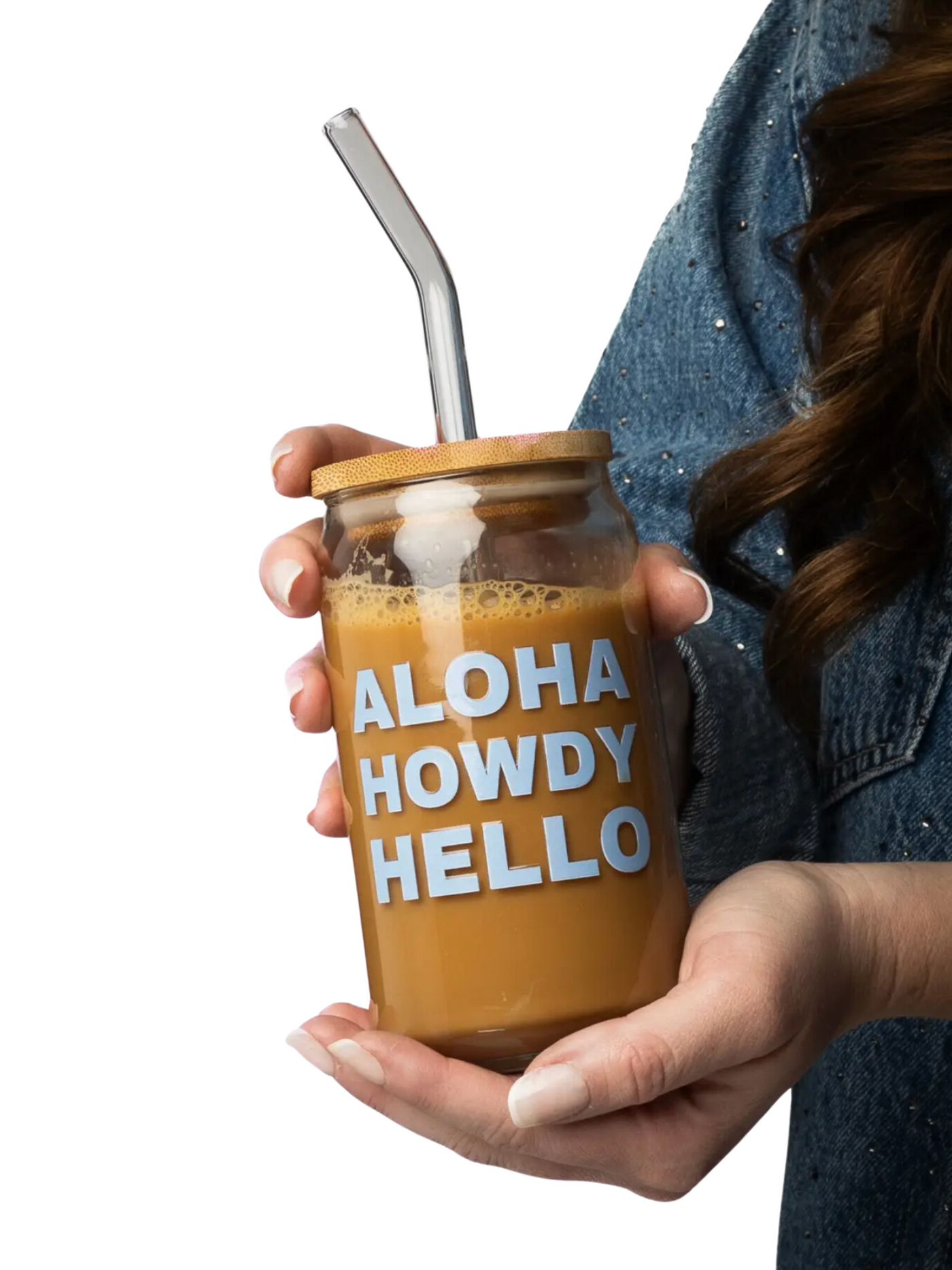 Aloha Howdy Hello Glass Can with Lid & Straw