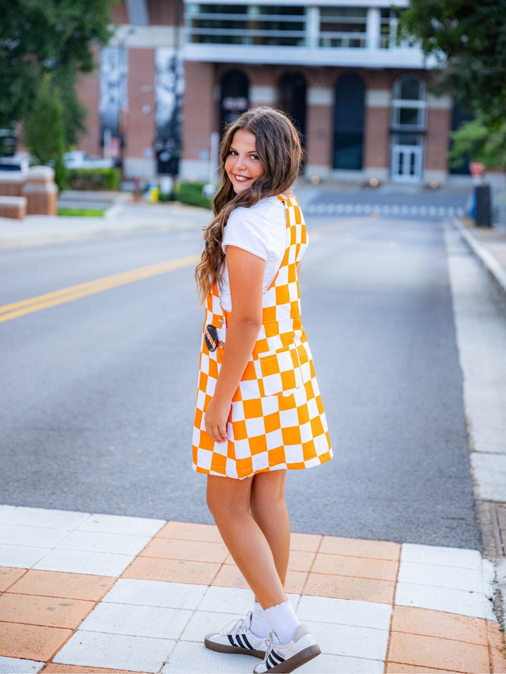 Youth Orange &amp; White Overall Bib Checkerboard Dress