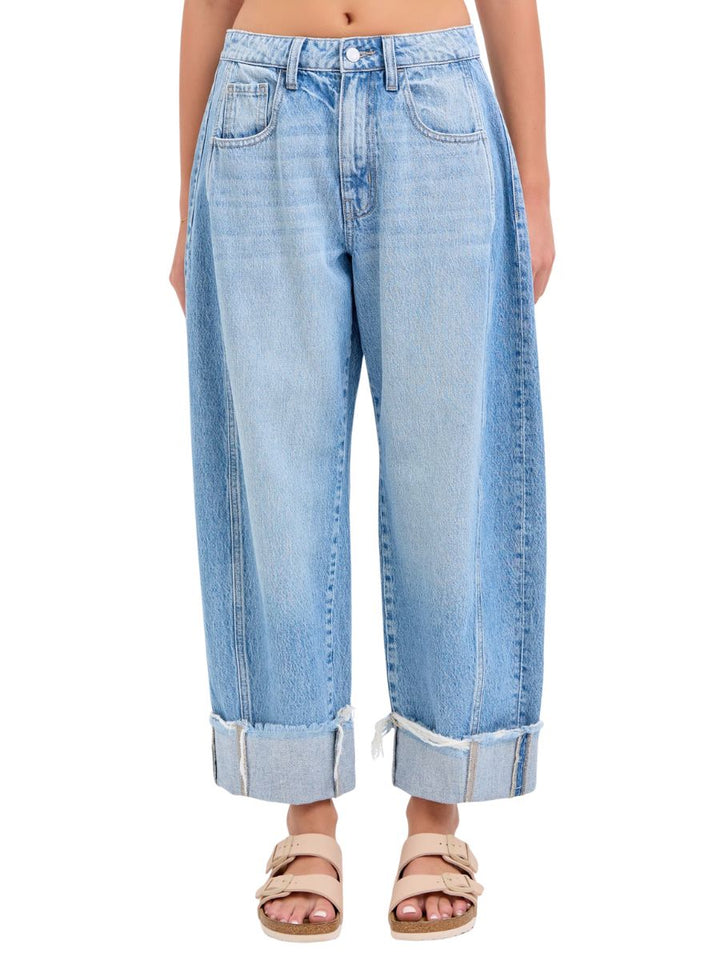 Mid Rise Cuffed Barrel Leg Jeans