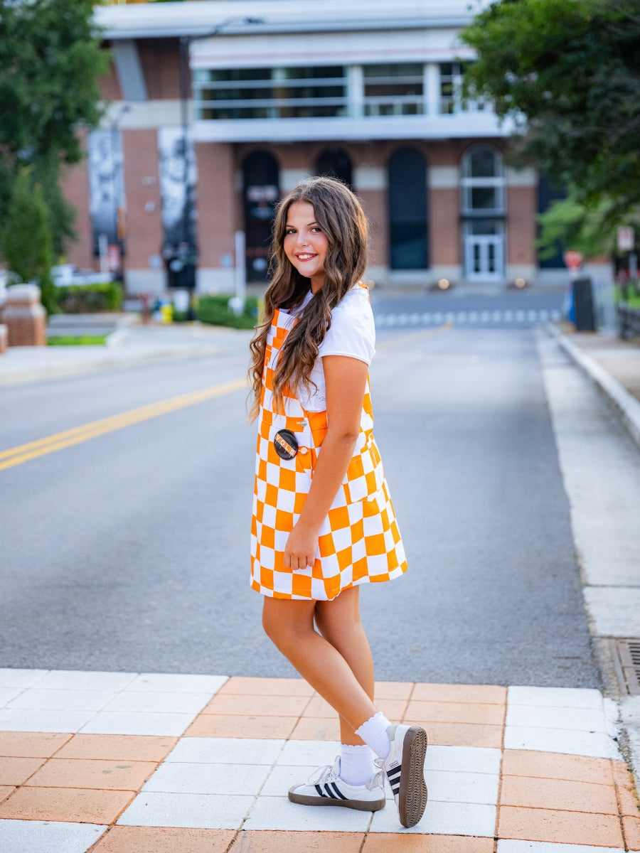 Youth Orange &amp; White Overall Bib Checkerboard Dress
