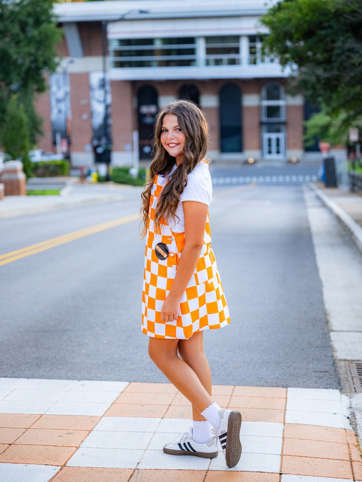 Youth Orange &amp; White Overall Bib Checkerboard Dress