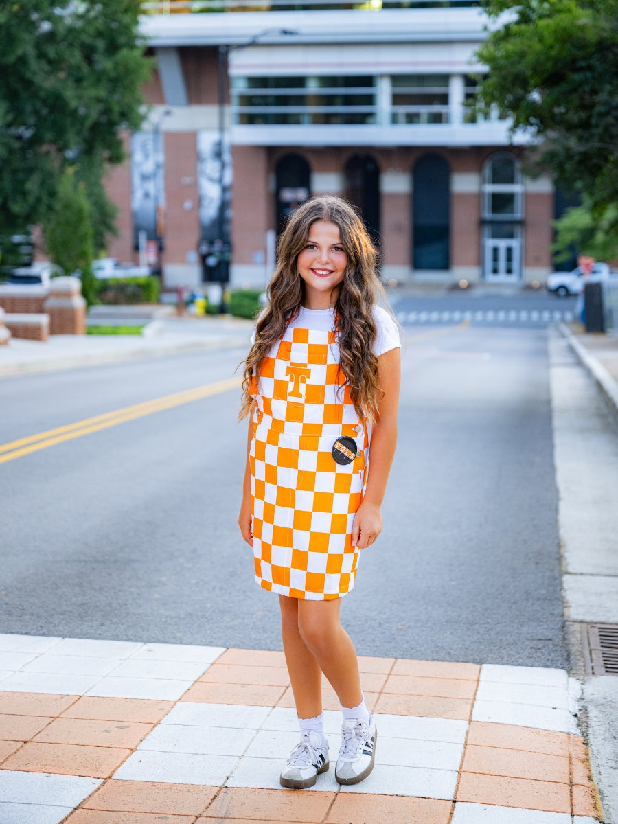 Youth Orange &amp; White Overall Bib Checkerboard Dress