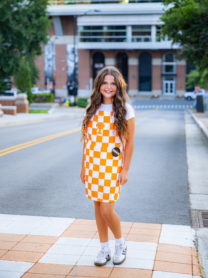 Youth Orange &amp; White Overall Bib Checkerboard Dress