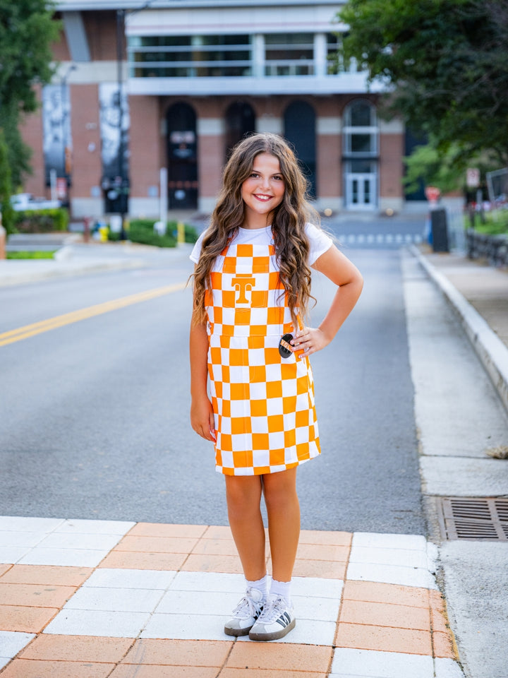 Youth Orange &amp; White Overall Bib Checkerboard Dress