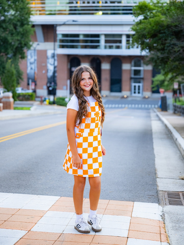 Youth Orange &amp; White Overall Bib Checkerboard Dress
