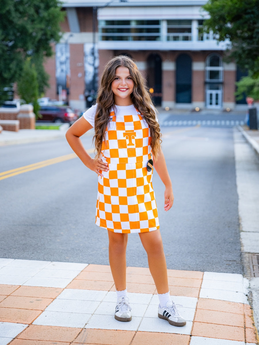 Youth Orange &amp; White Overall Bib Checkerboard Dress