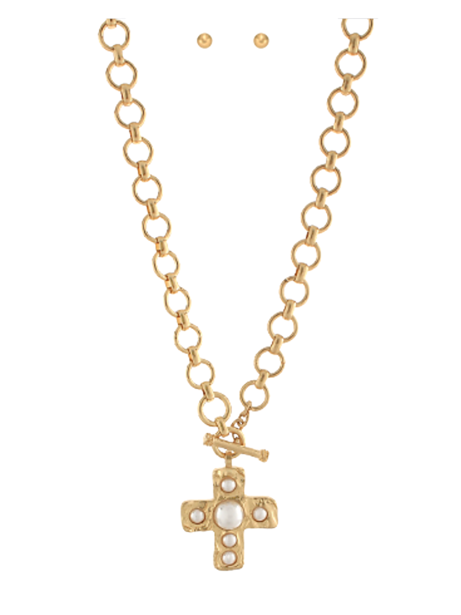 Byzantine Cross & Pearl Pendant Necklace Set