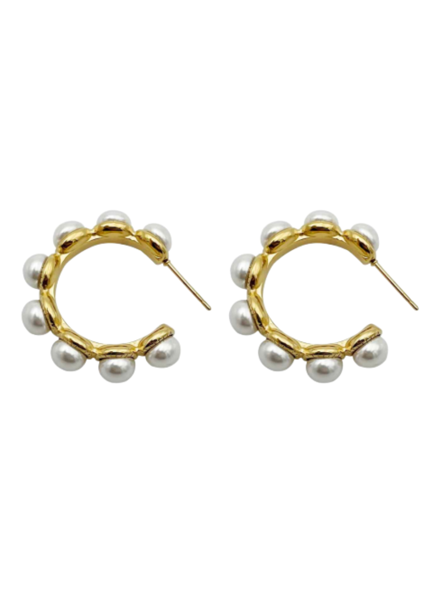 Gold Pearl Open Hoop Earrings