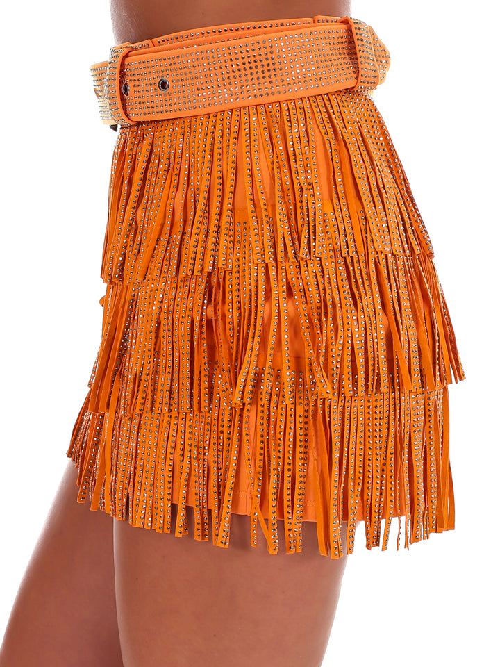 Sea of Orange Rhinestone Fringe Mini Skort