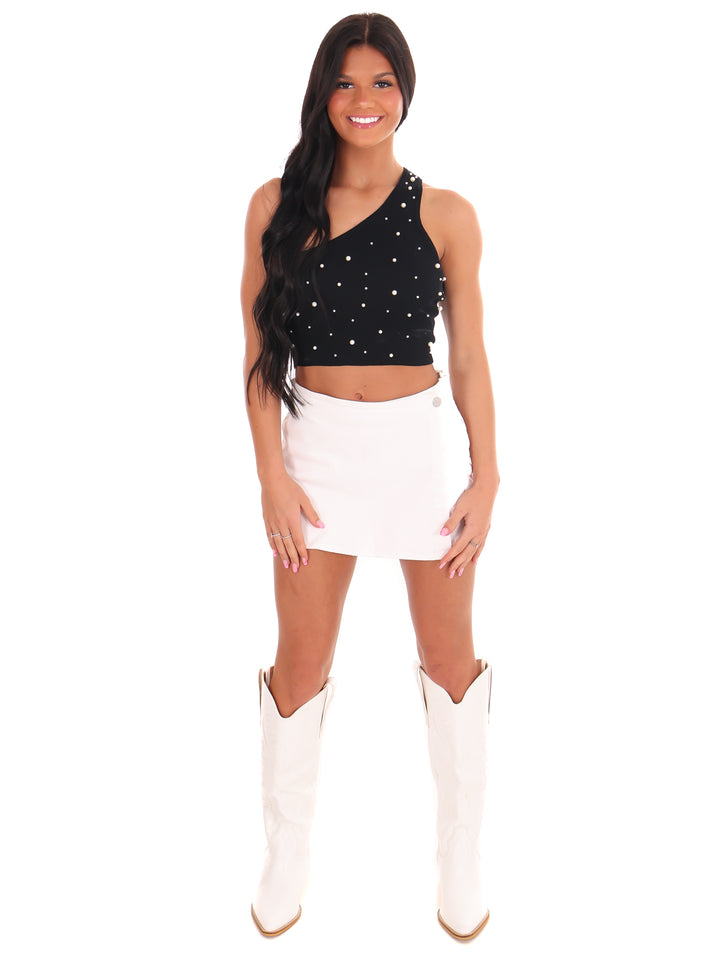 Through the T One Shoulder Pearl Crop Top