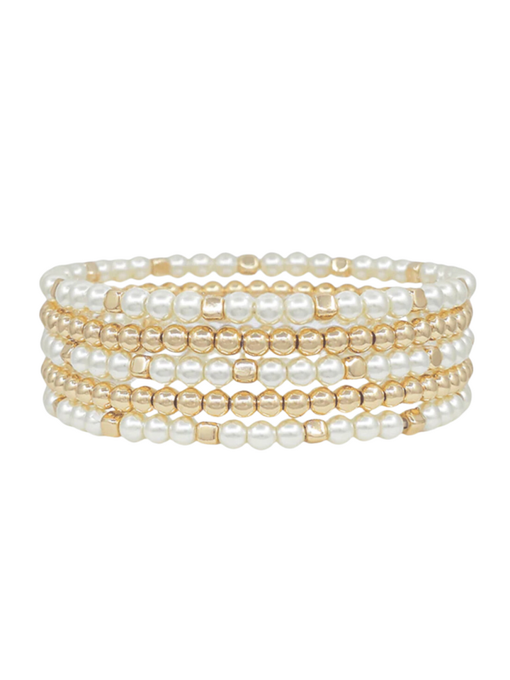 Pearl & Metal Beaded Stretch Stack Bracelet