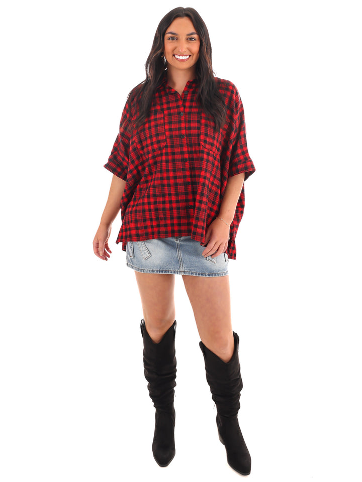 Tough Love Boxy Plaid Button Down Top