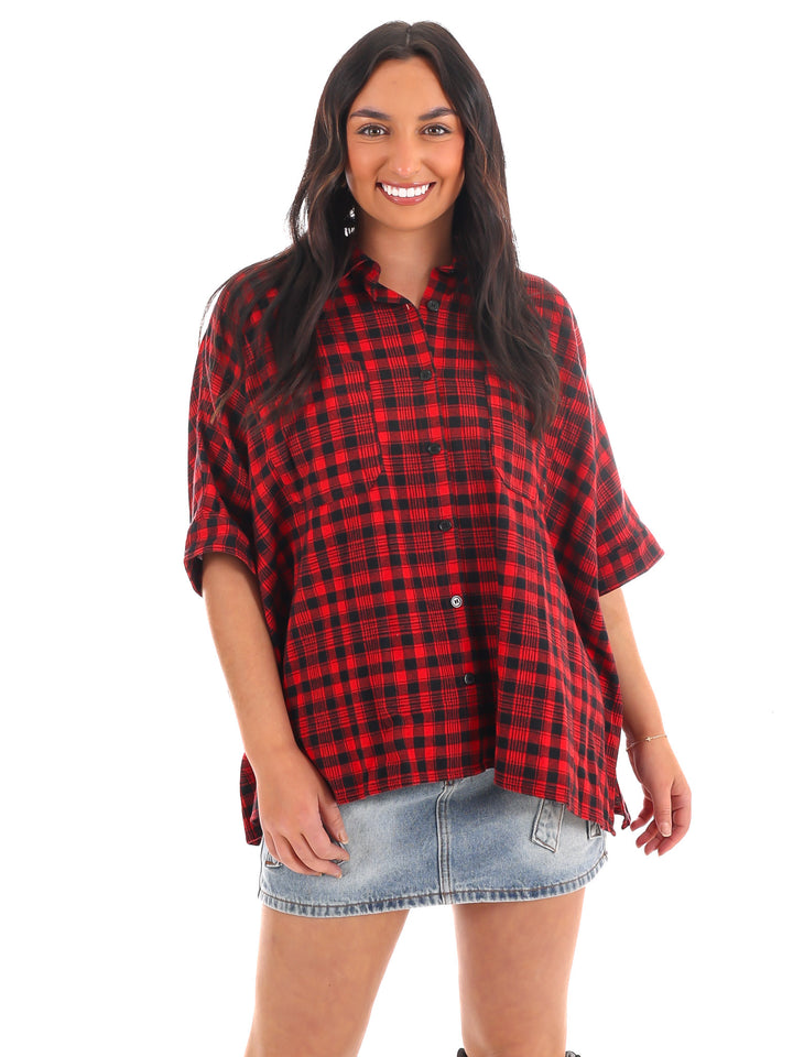 Tough Love Boxy Plaid Button Down Top