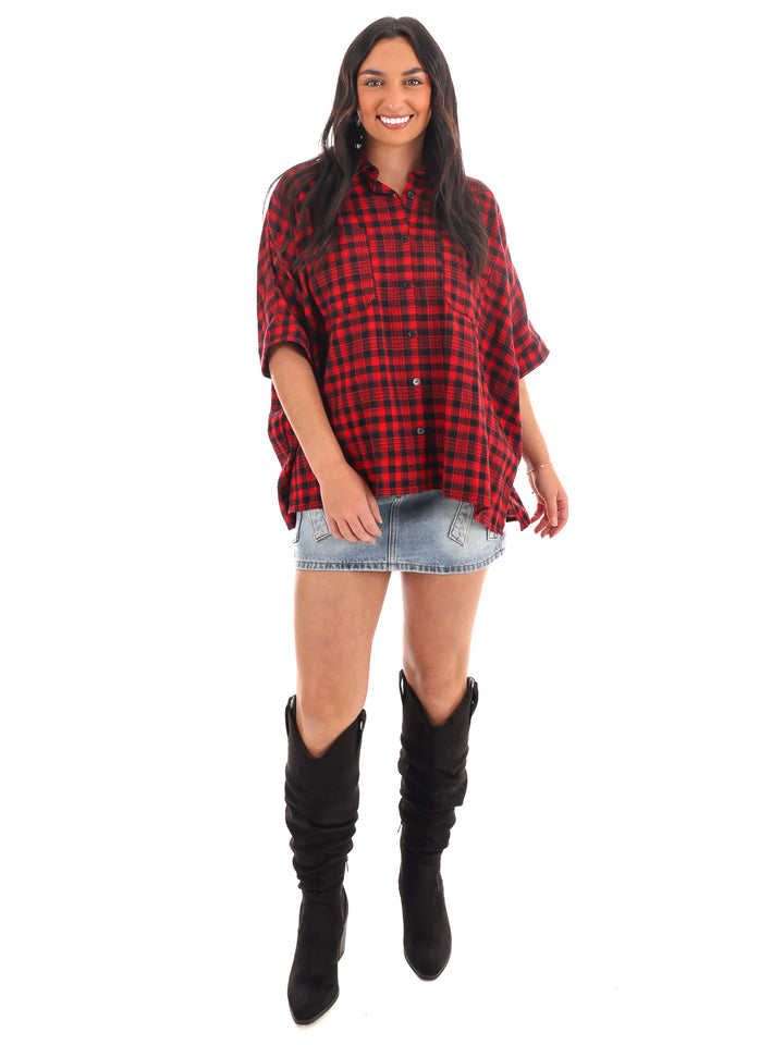 Tough Love Boxy Plaid Button Down Top