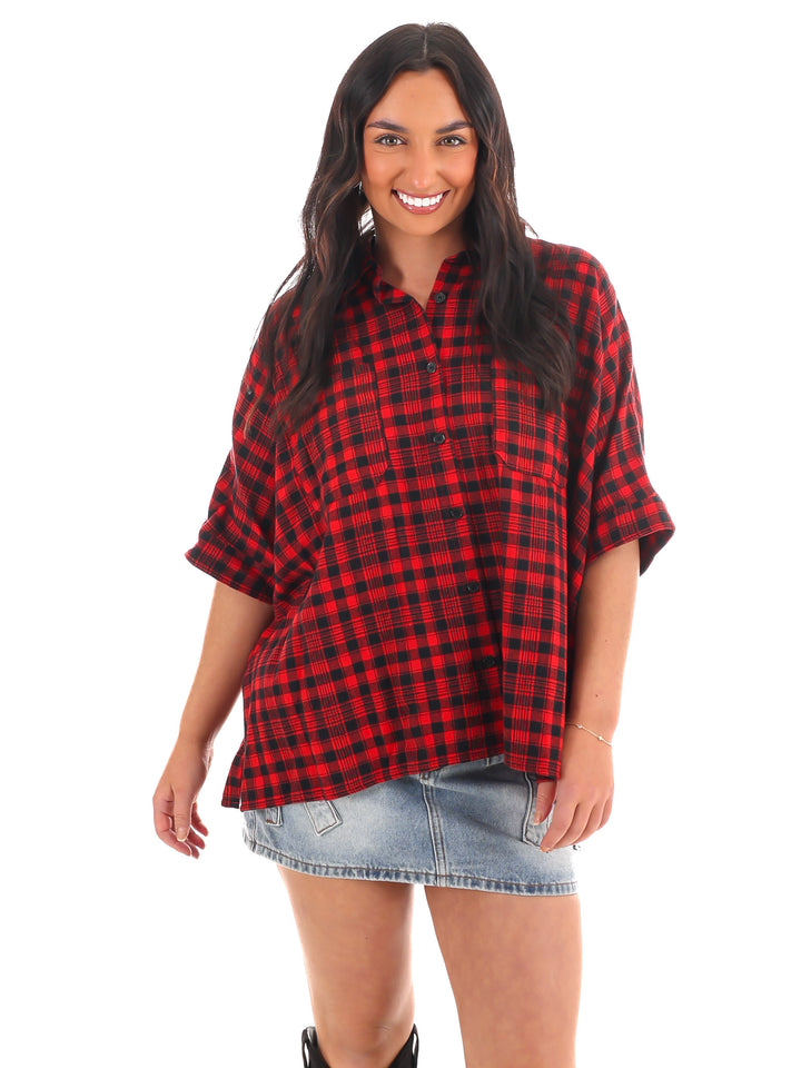 Tough Love Boxy Plaid Button Down Top