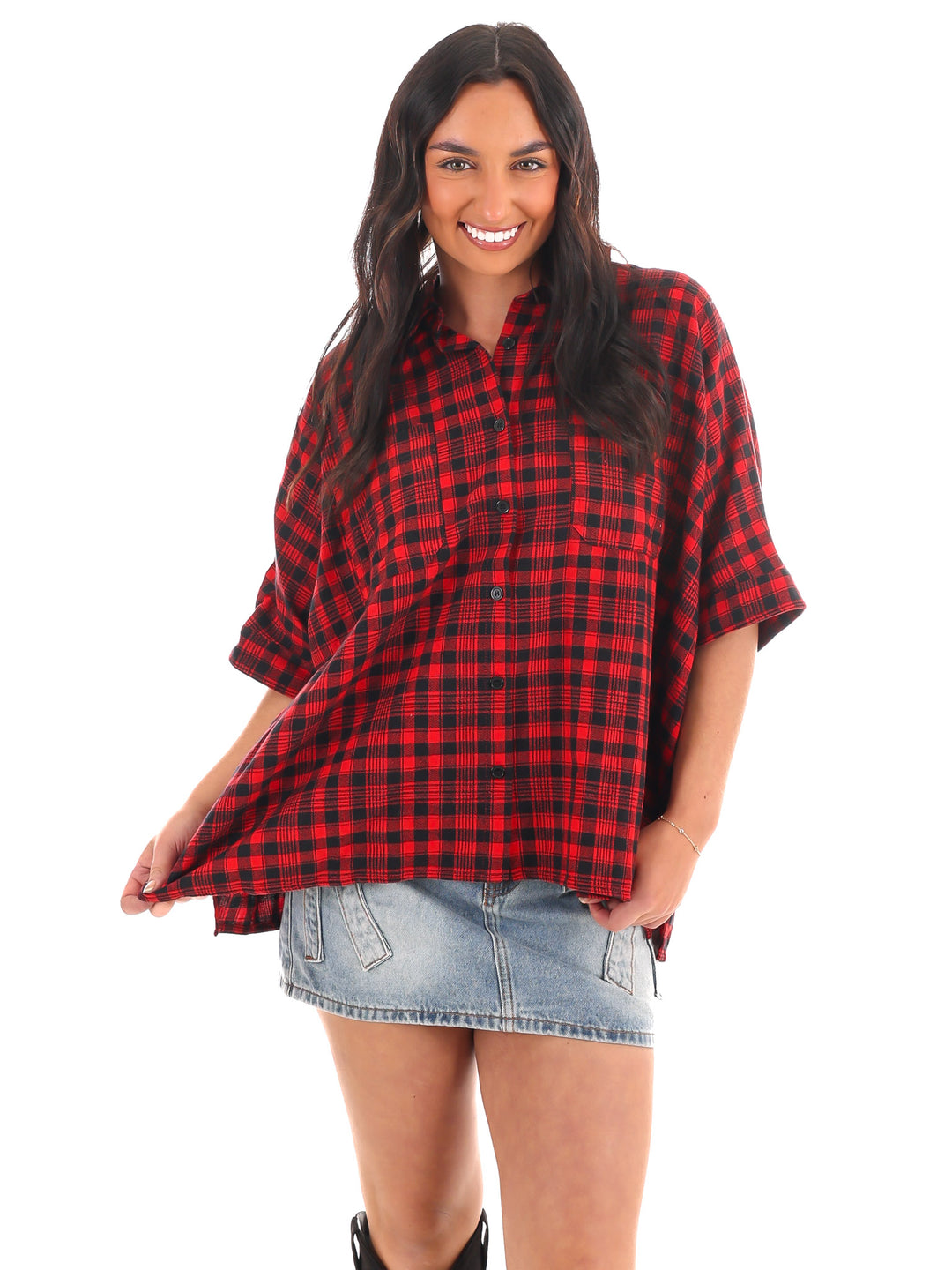 Tough Love Boxy Plaid Button Down Top