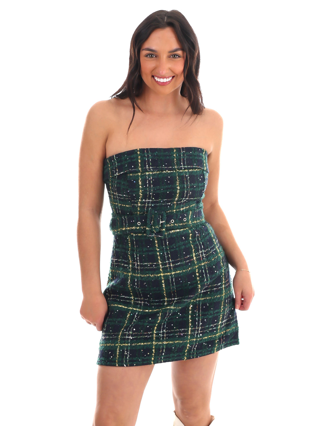 Belted Bliss Tweed Mini Dress