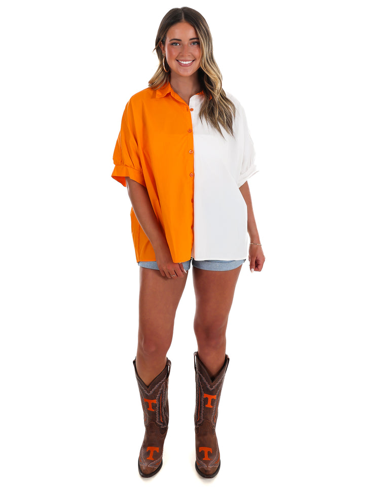 Down Set Slay Two Tone Button Down Top