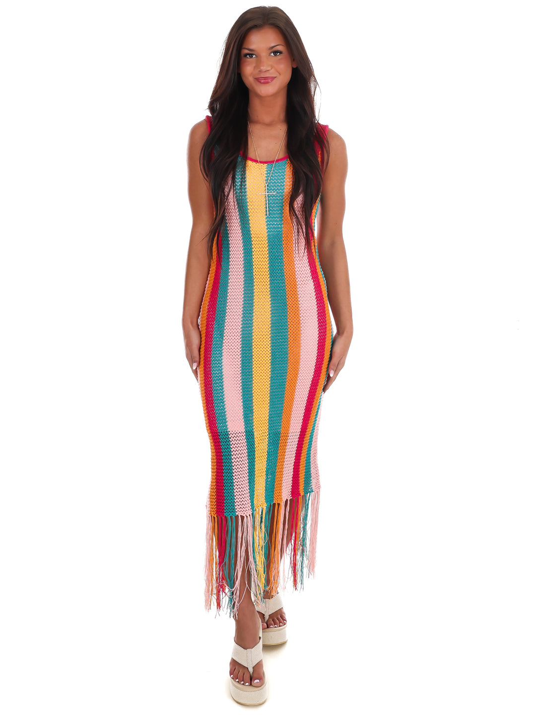 Fiesta Stripe Crochet Fringe Midi Dress