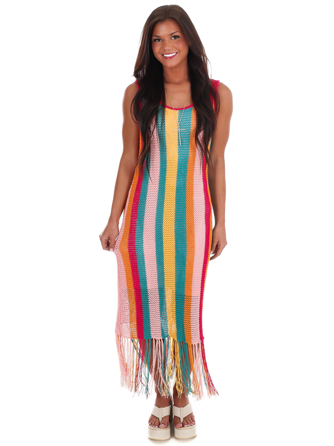 Fiesta Stripe Crochet Fringe Midi Dress