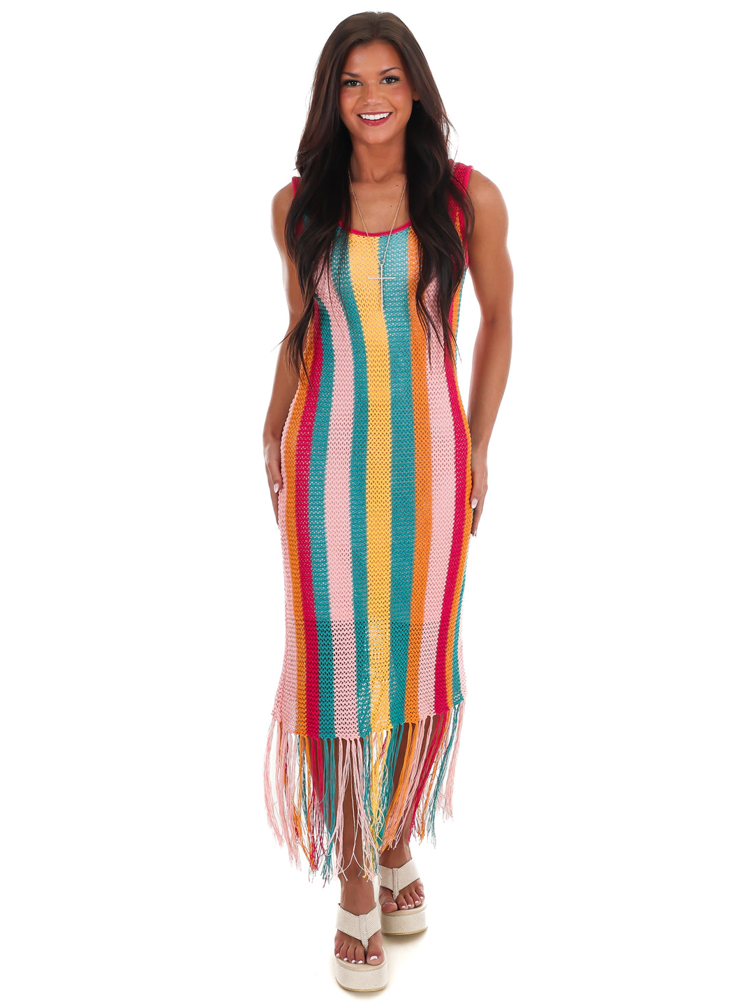 Fiesta Stripe Crochet Fringe Midi Dress