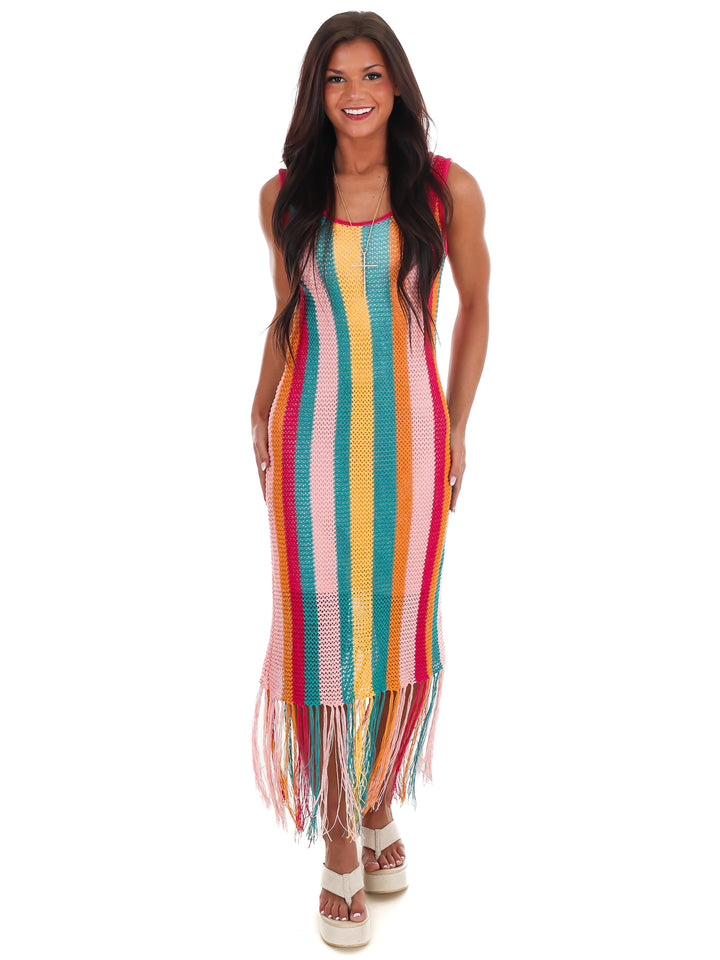 Fiesta Stripe Crochet Fringe Midi Dress