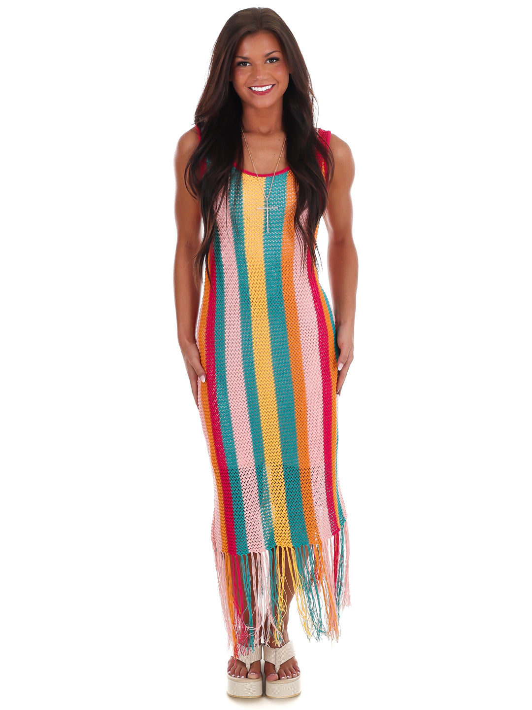 Fiesta Stripe Crochet Fringe Midi Dress