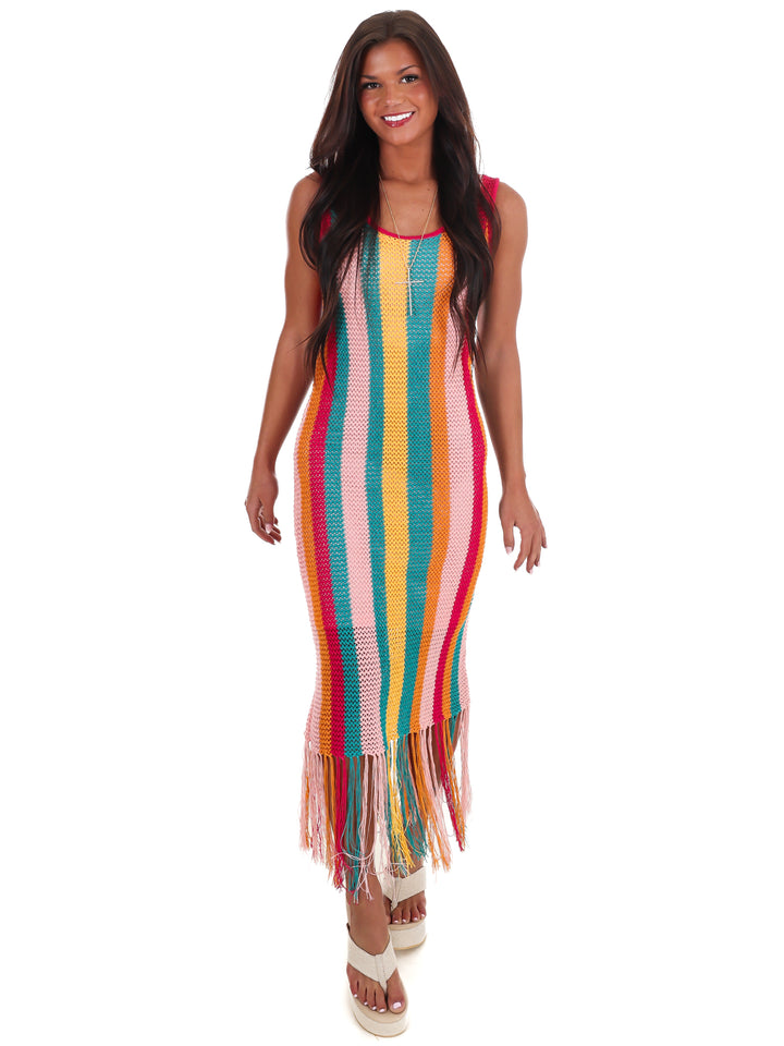 Fiesta Stripe Crochet Fringe Midi Dress