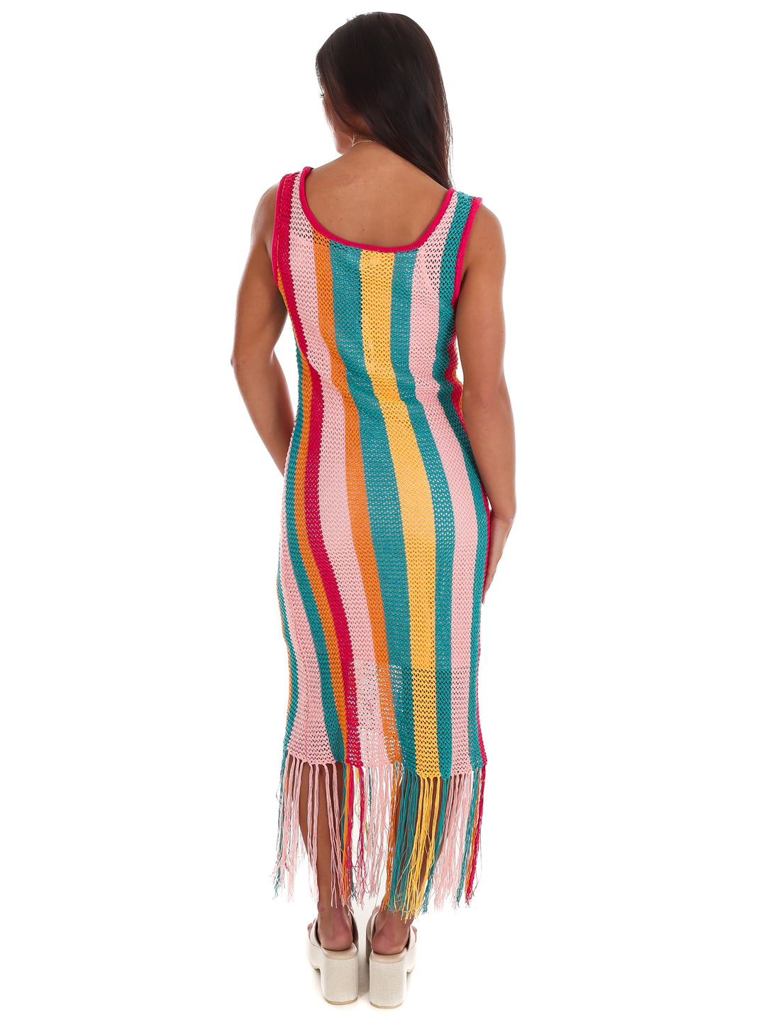 Fiesta Stripe Crochet Fringe Midi Dress