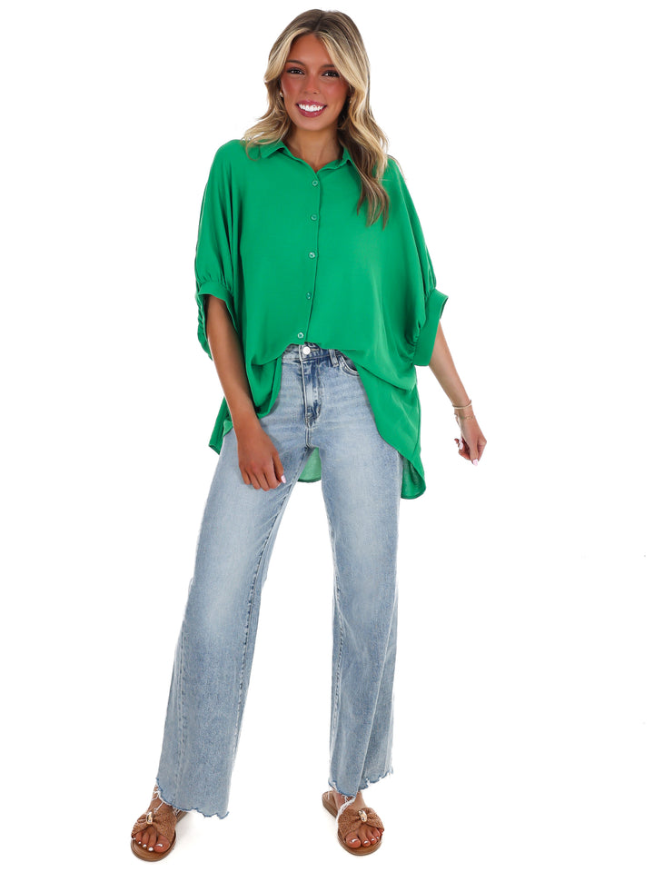 Fingers Crossed Oversized Button Down Top