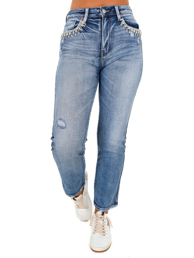 Denim & Rhinestones Crop Straight Jeans