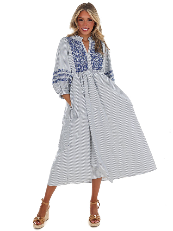 Easy Living Embroidered Stripe Midi Dress