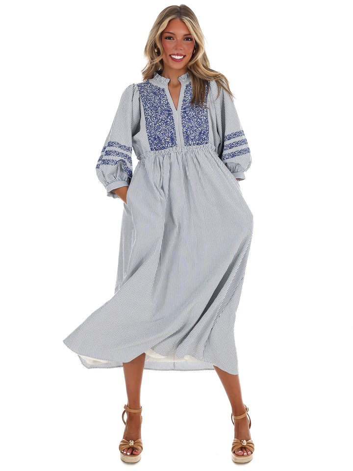 Easy Living Embroidered Stripe Midi Dress