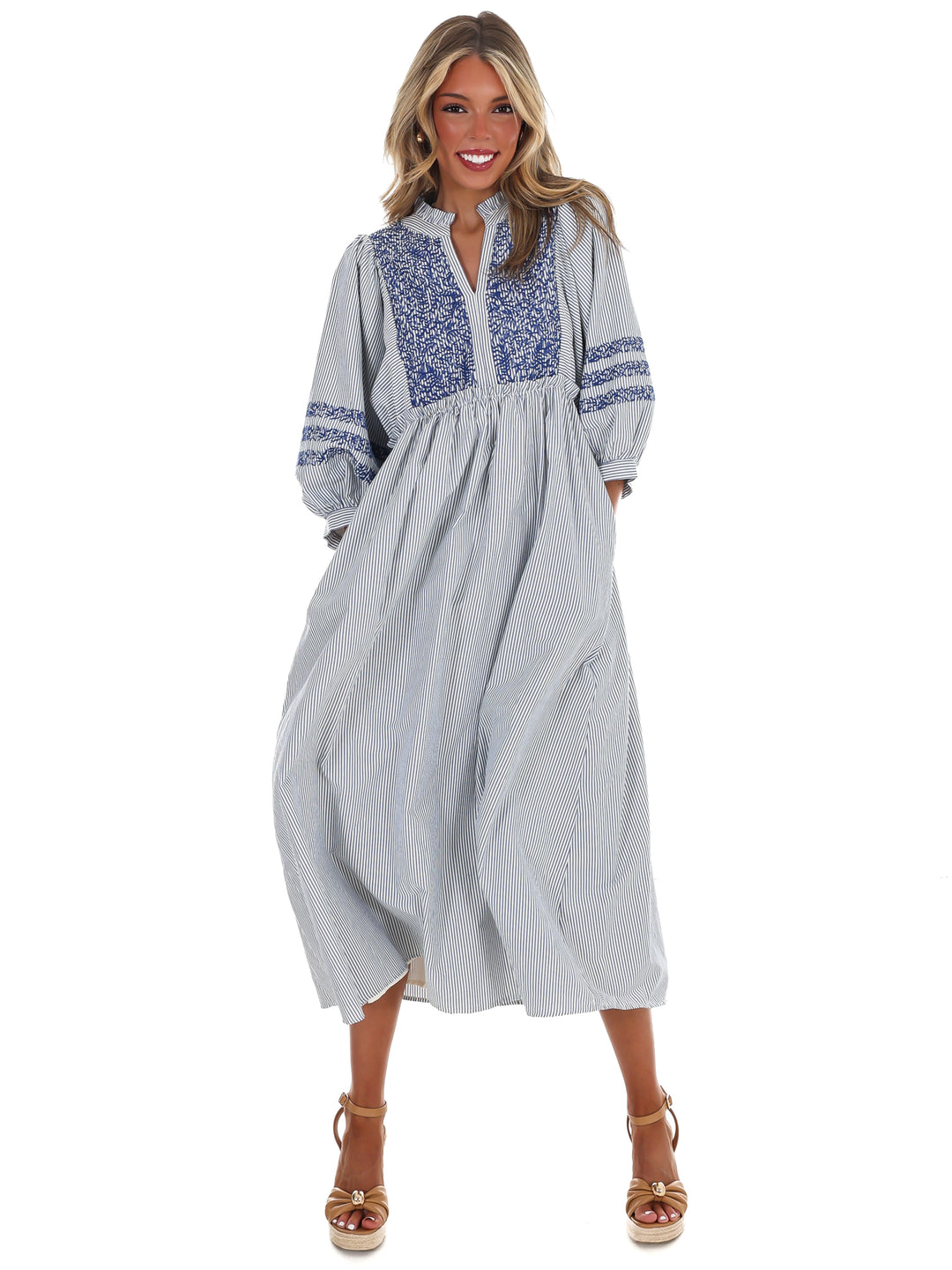 Easy Living Embroidered Stripe Midi Dress