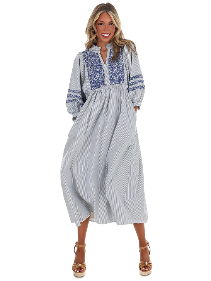Easy Living Embroidered Stripe Midi Dress
