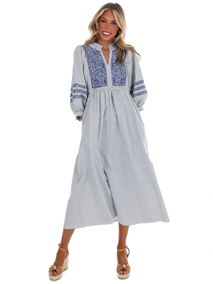 Easy Living Embroidered Stripe Midi Dress