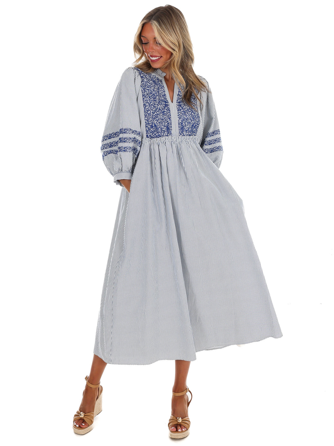 Easy Living Embroidered Stripe Midi Dress