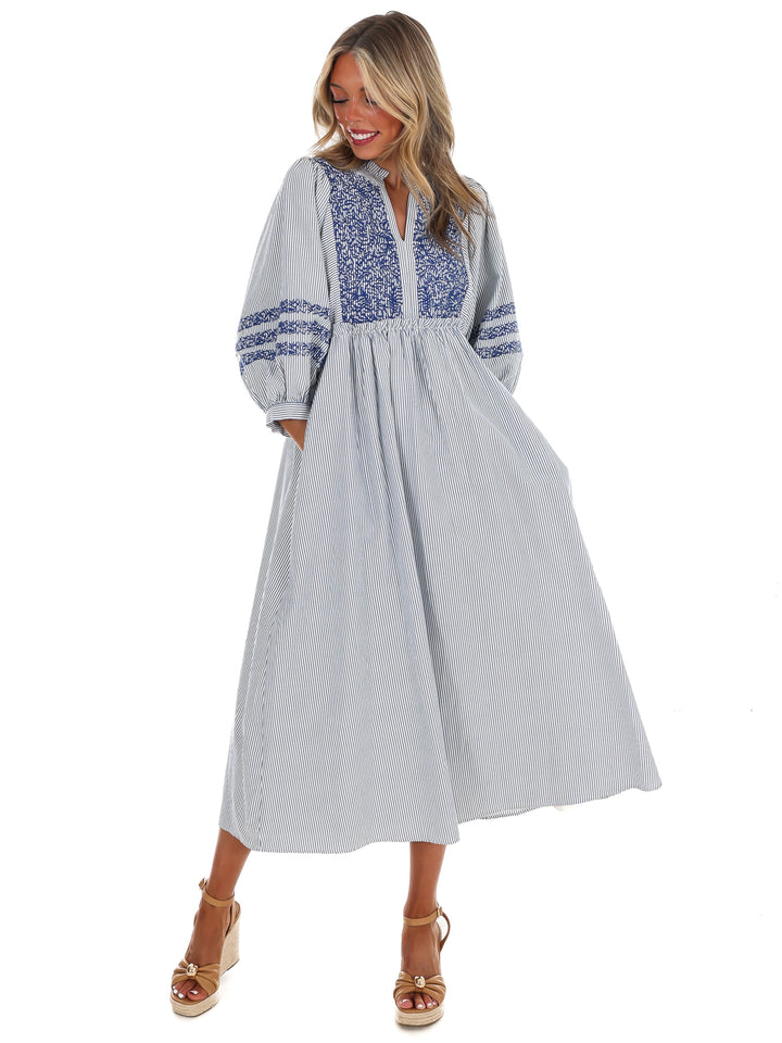 Easy Living Embroidered Stripe Midi Dress