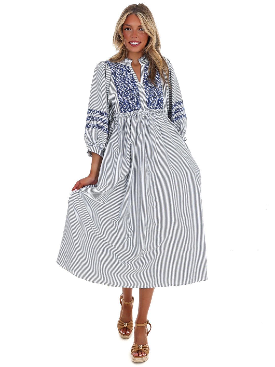 Easy Living Embroidered Stripe Midi Dress