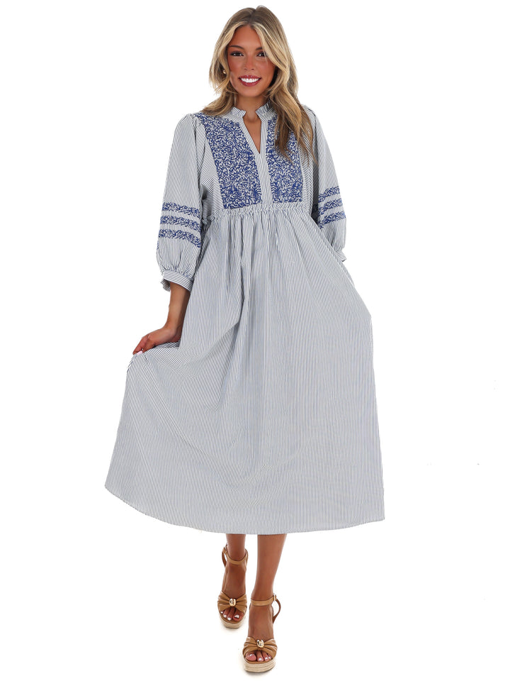 Easy Living Embroidered Stripe Midi Dress